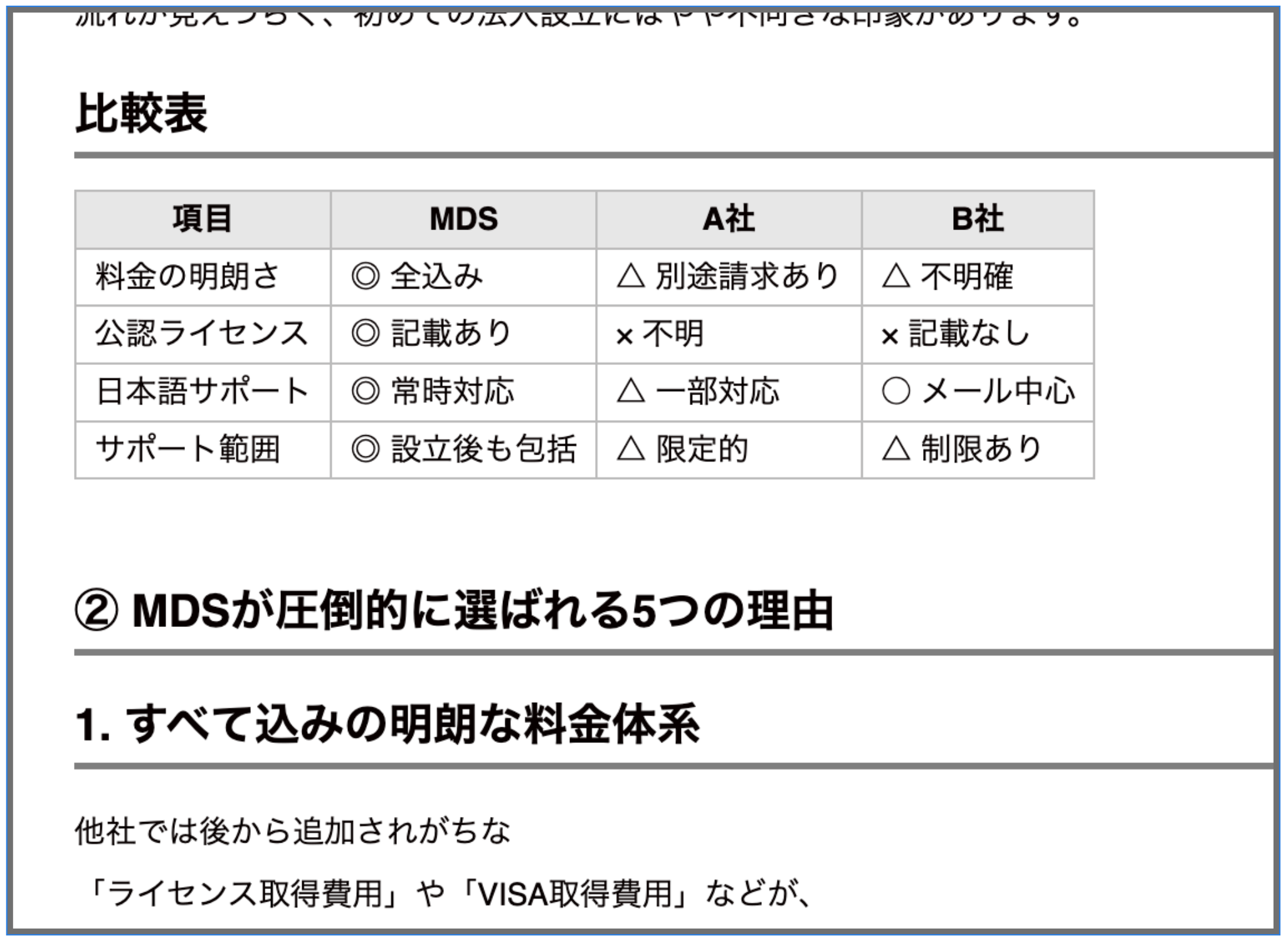 MDSと他社のサポート比較